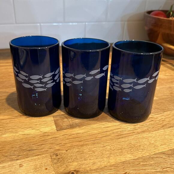 Upcycled Cobalt Blue Wine Bottle Tumbler Glass Set of 3 fish - Picture 3 of 8